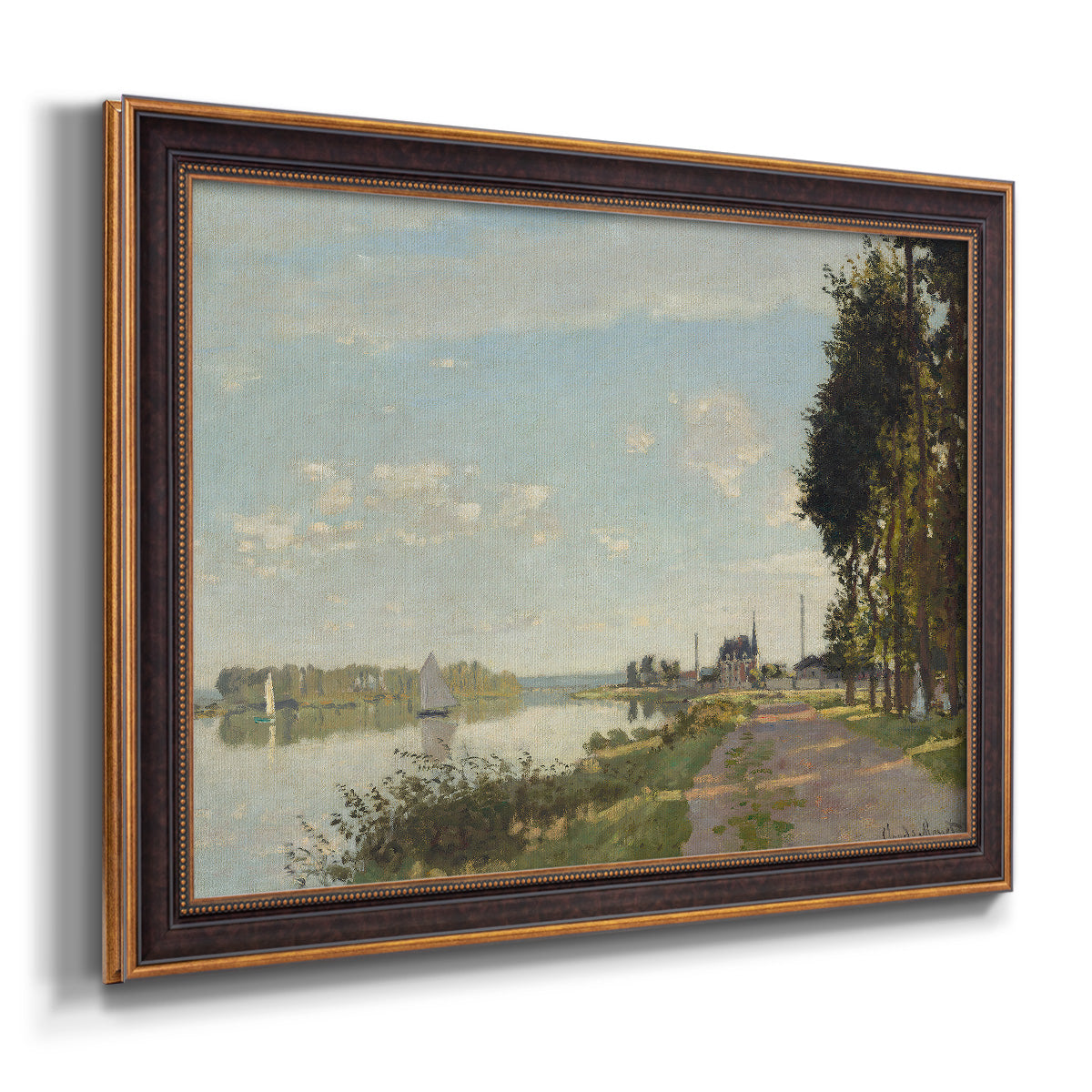 Impressionist river scene with red boats by Claude Monet printed on canvas in an ornate bronzed mahogany wood frame.