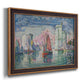 Impressionist harbor scene by Paul Signac printed on canvas in an ornate bronzed mahogany wood frame.