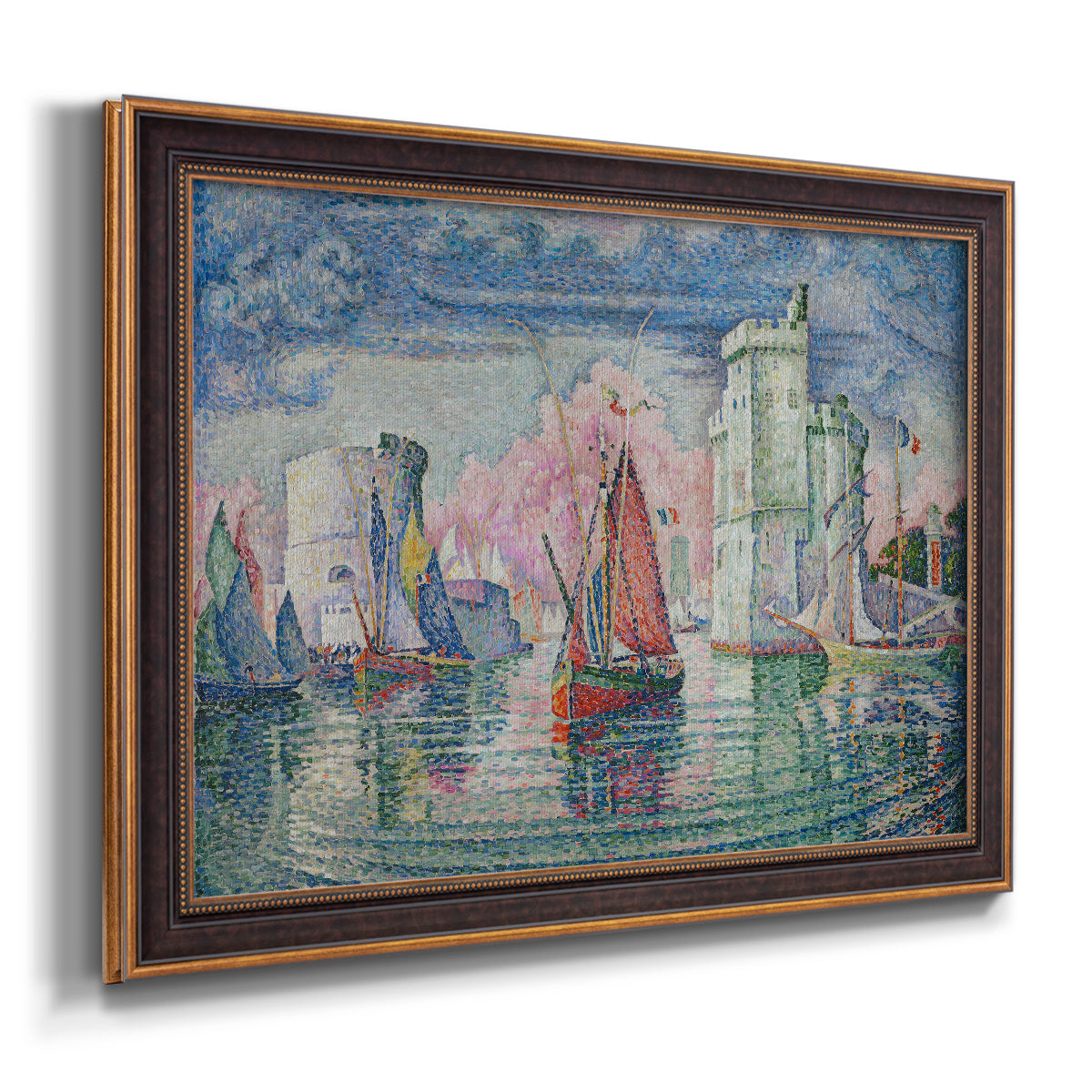 Impressionist harbor scene by Paul Signac printed on canvas in an ornate bronzed mahogany wood frame.