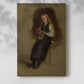 Canvas art print of a 19th-century portrait of a woman in folk costume with a dark muted background with a soft shadow on a white background.
