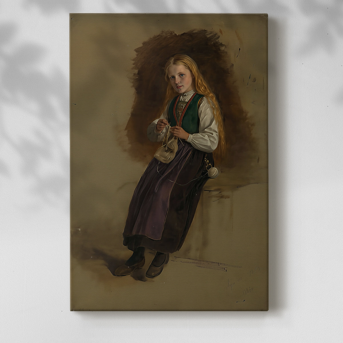Canvas art print of a 19th-century portrait of a woman in folk costume with a dark muted background with a soft shadow on a white background.