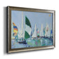 Coastal harbor watercolor painting printed on canvas in an ornate mottled silver frame.