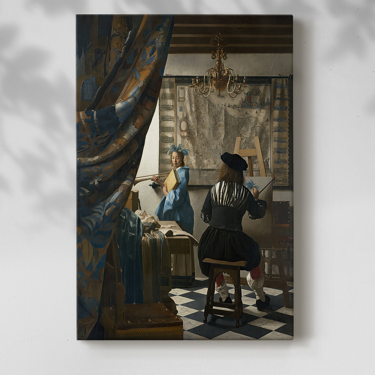 Canvas art print of a detailed studio scene with figures and rich textures with a soft shadow on a white background.