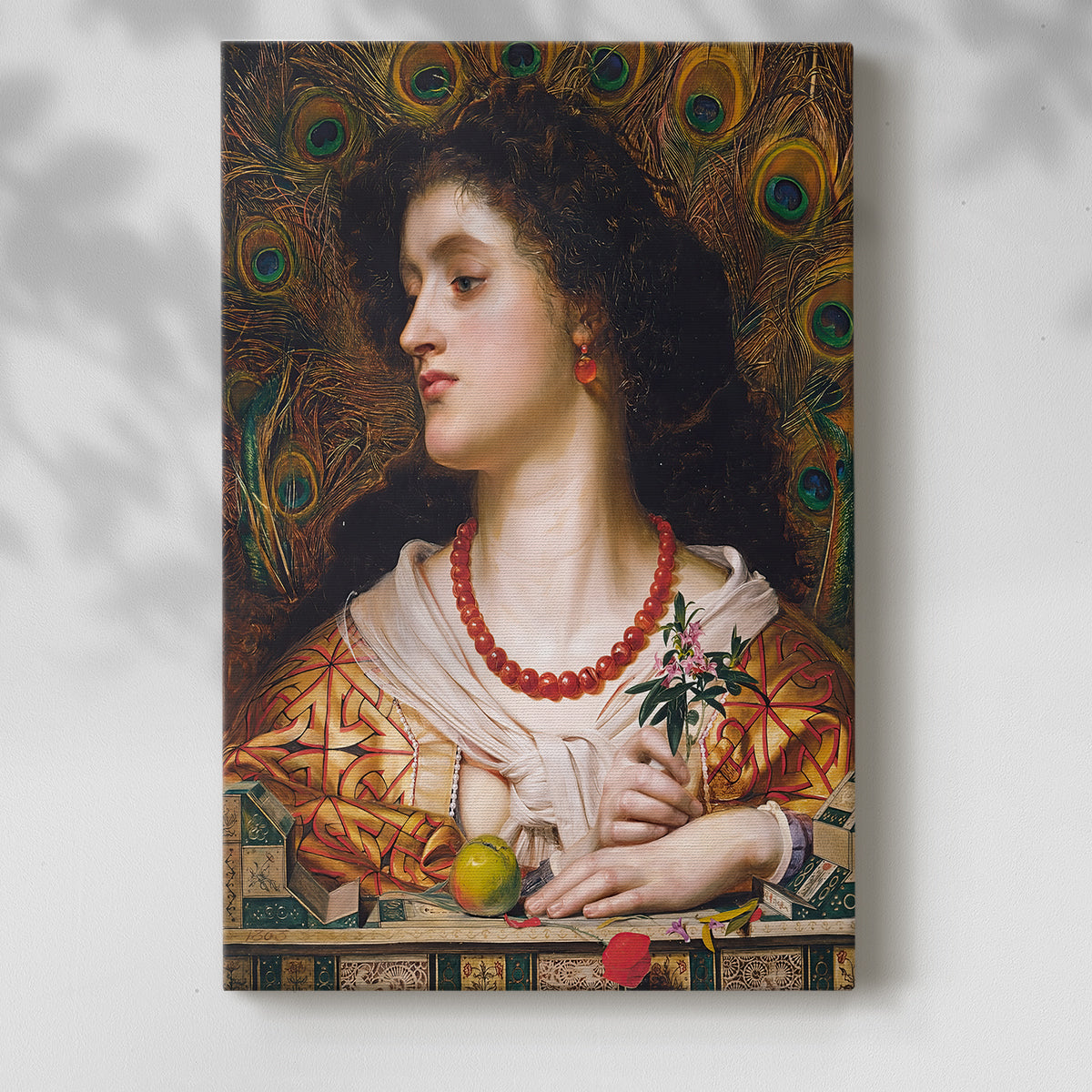 Canvas art print of a refined female figure with rich color and soft expression with a soft shadow on a white background.