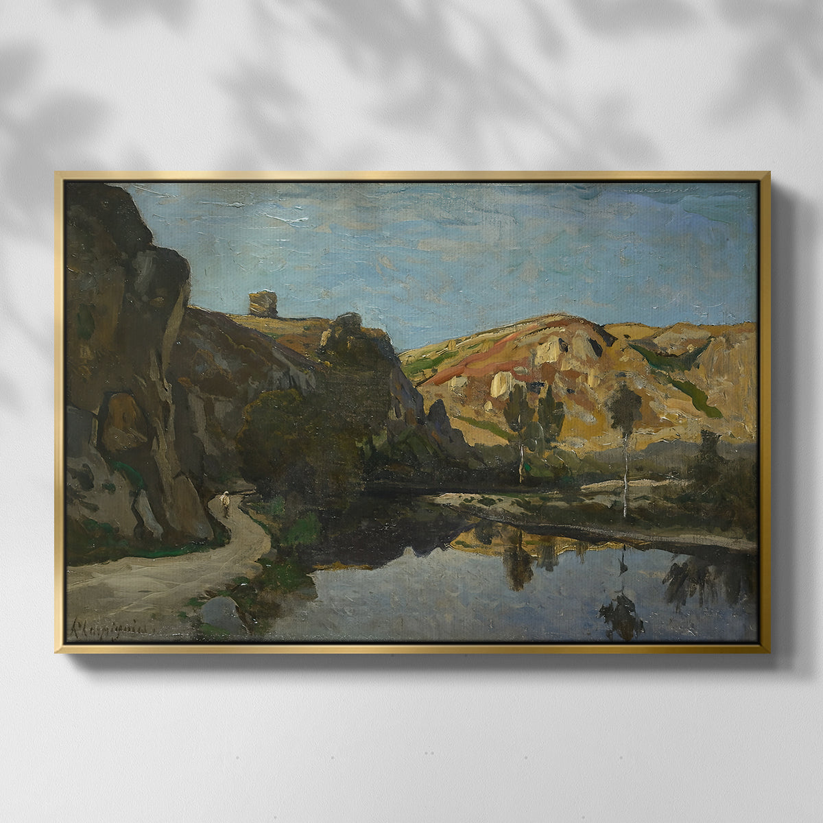 River Landscape with Cliffs, c. 1850-1860 - Floater Framed Canvas Print