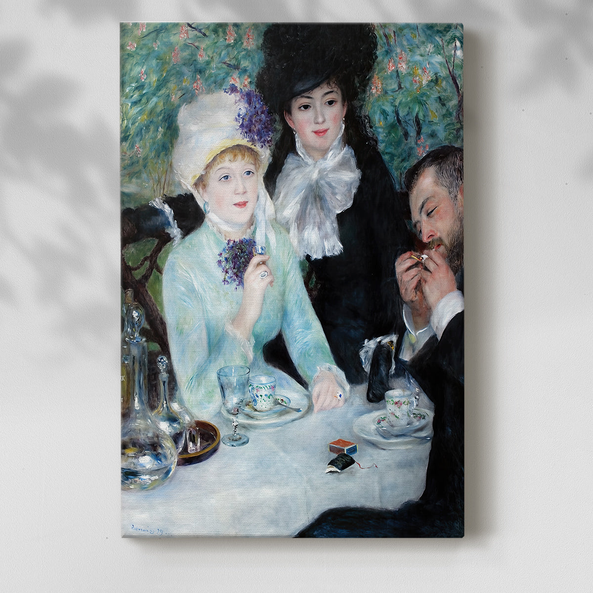 Canvas art print of a relaxed group setting with casual interaction and warm tones with a soft shadow on a white background.
