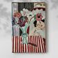 Canvas art print of a stylized figure with floral elements and vivid tones with a soft shadow on a white background.