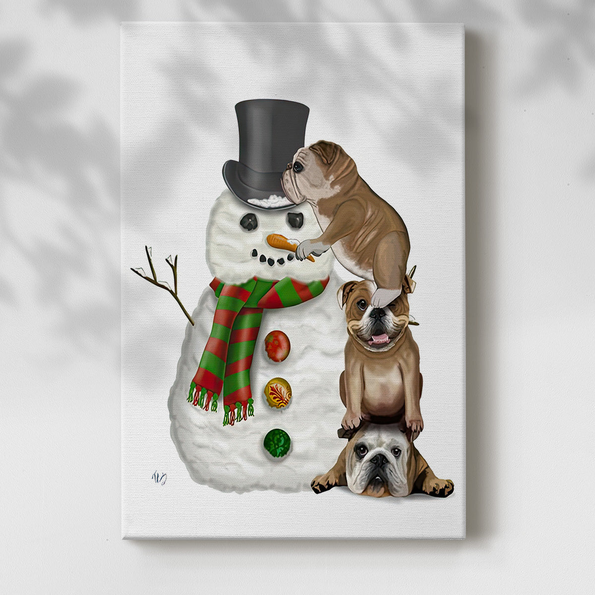 Christmas English Bulldogs Building Snowman - Gallery Wrapped Canvas