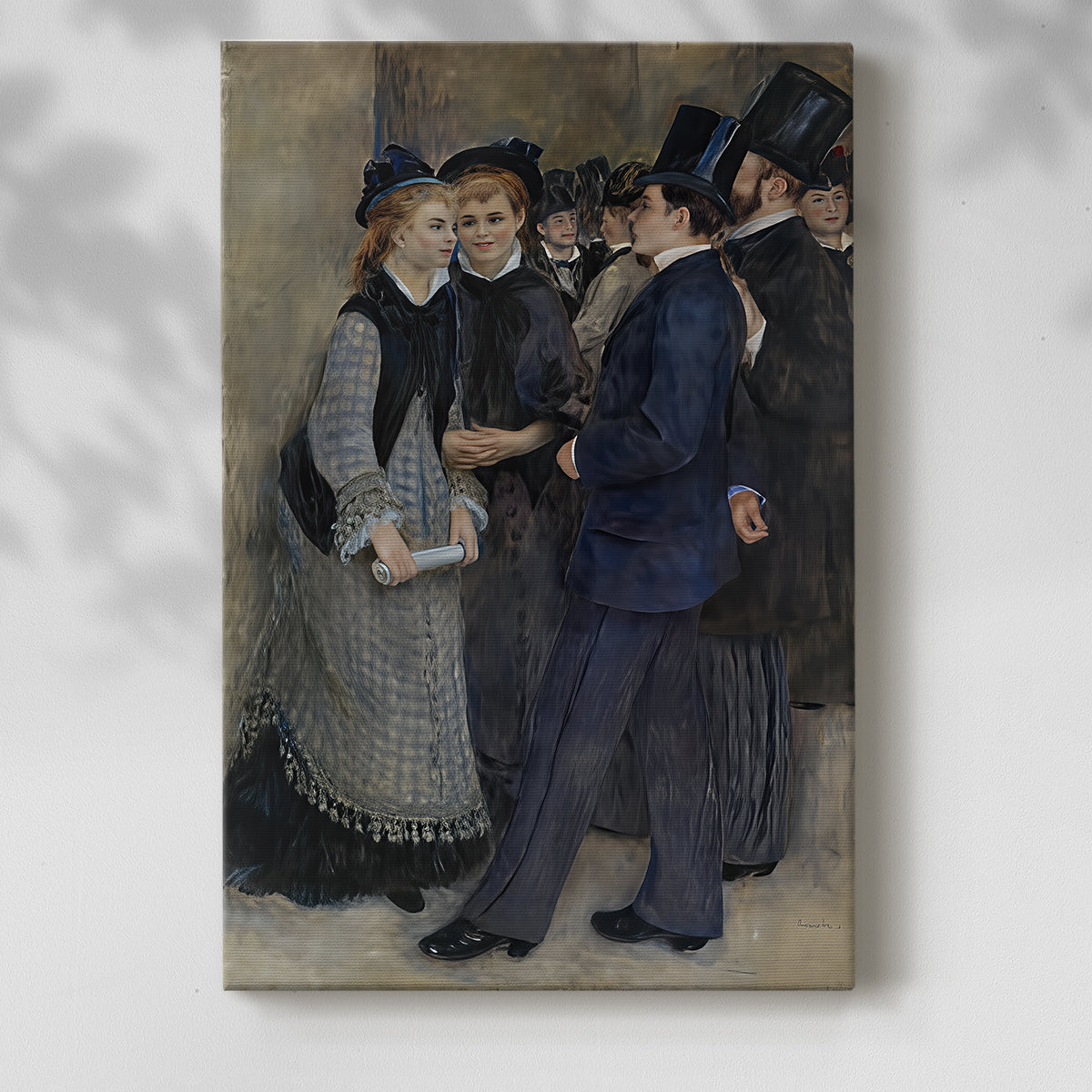 Canvas art print of a group scene with subtle movement and muted tones with a soft shadow on a white background.