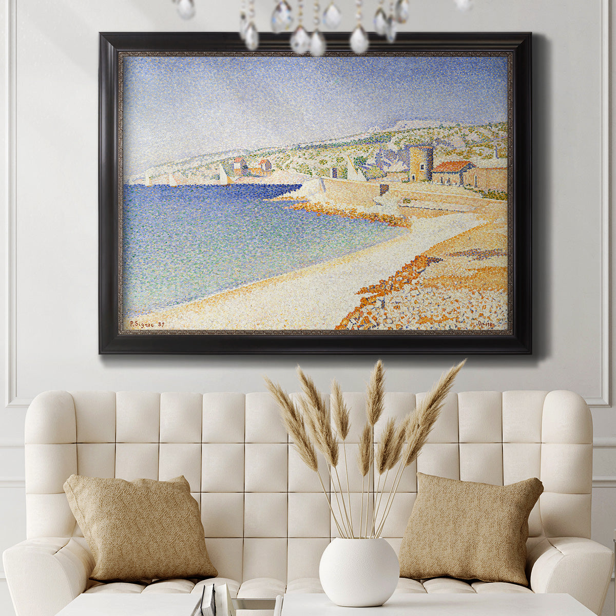 Impressionist Mediterranean jetty seascape by Paul Signac in an ornate black frame with gilded inner detail displayed in a neutral-toned interior setting.