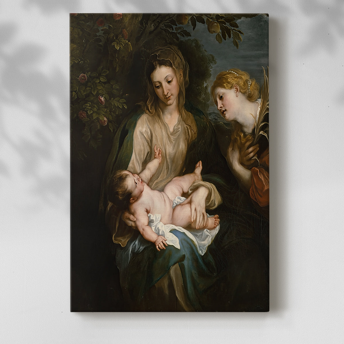 Canvas art print of a classical composition with sacred figures in soft dramatic lighting with a soft shadow on a white background.