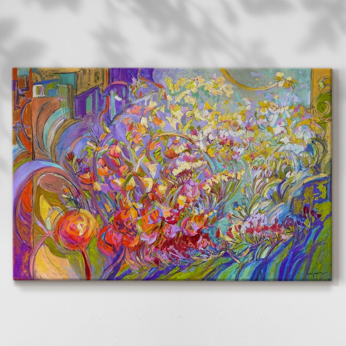 Vibrant floral composition showcasing bright colors and dynamic shapes in an abstract style