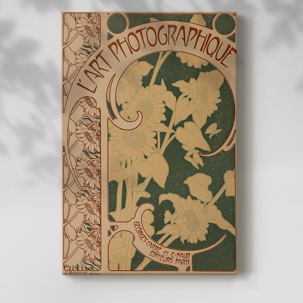 Canvas art print of a vintage advertisement featuring stylized floral motifs and typography with a soft shadow on a white background.