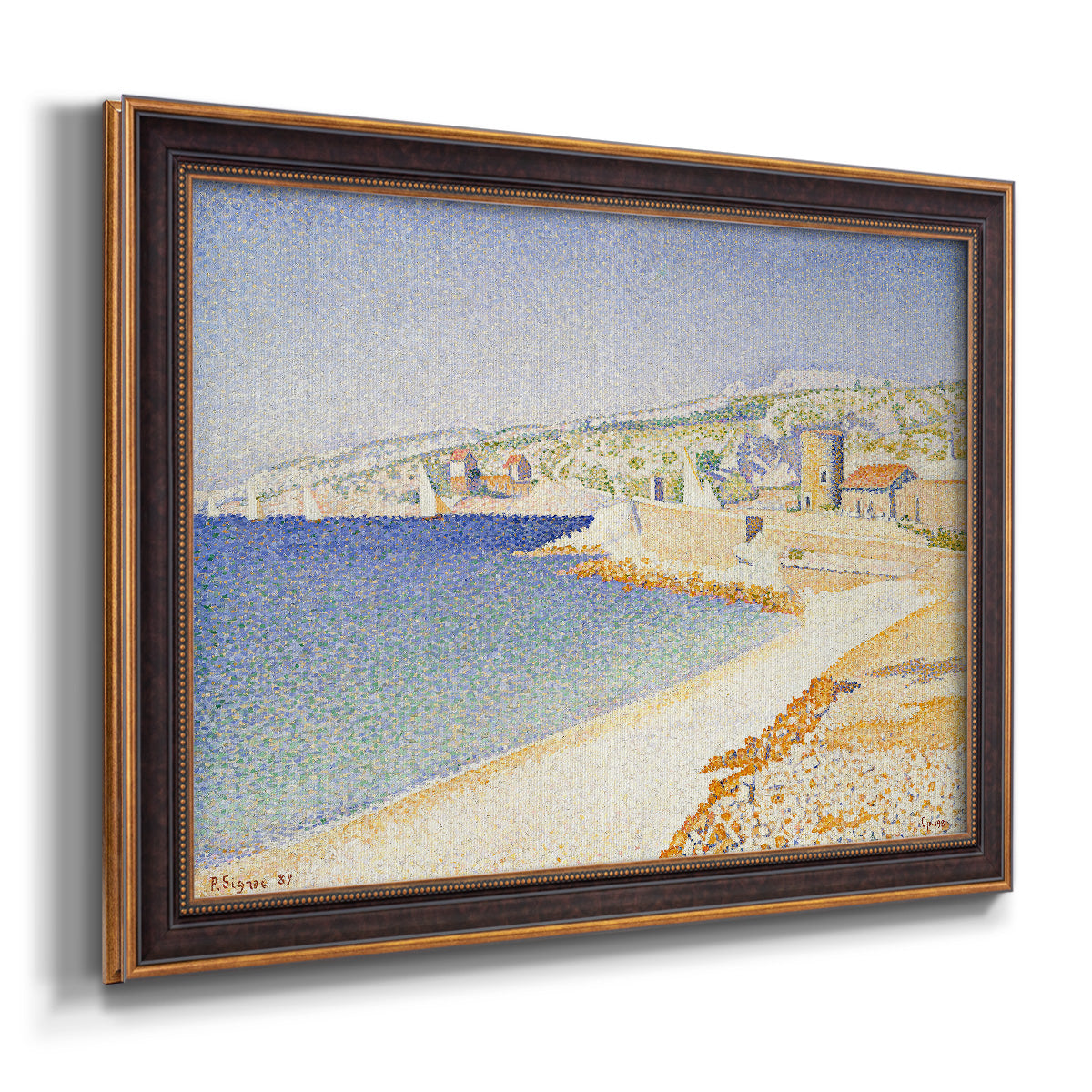 Impressionist Mediterranean jetty seascape by Paul Signac printed on canvas in an ornate bronzed mahogany wood frame.