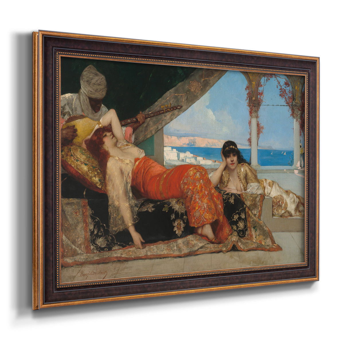 Orientalist portrait scene by Jean-Joseph Benjamin-Constant printed on canvas in an ornate bronzed mahogany wood frame.