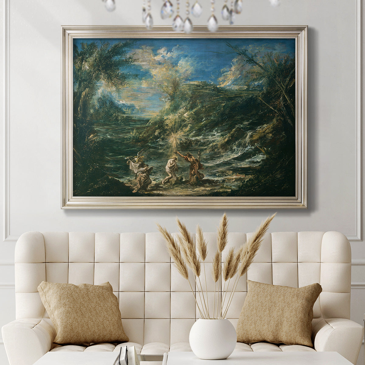 Religious landscape depicting the baptism of Christ by Alessandro Magnasco in an ornate champagne frame displayed in a neutral-toned interior setting.
