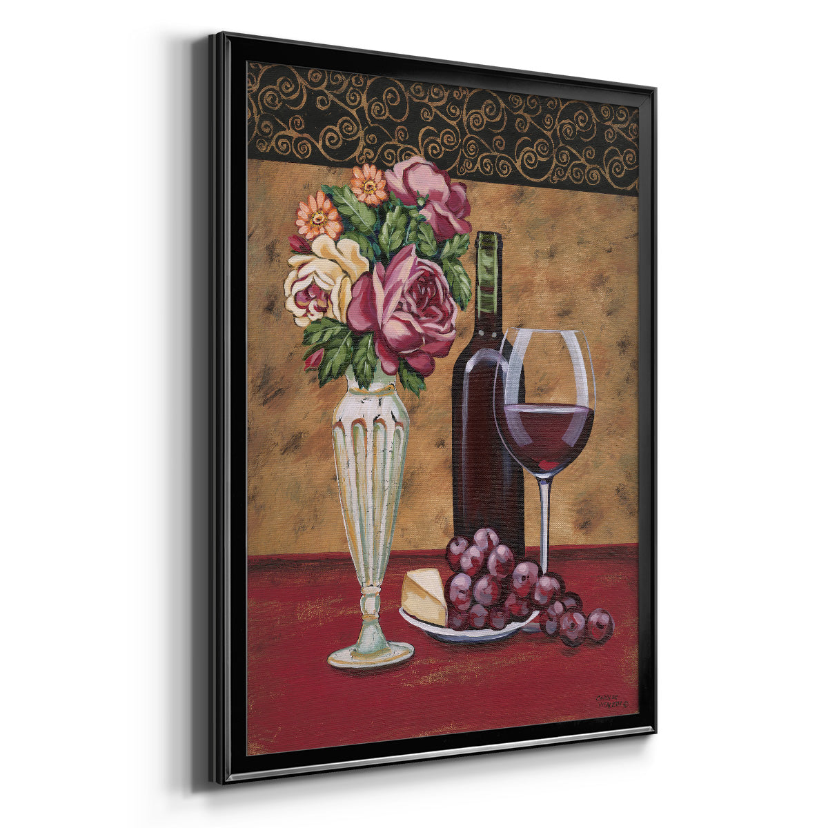 Vintage Flowers and Wine I - Modern Framed Canvas Print