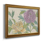 Contemporary peony flower illustration printed on canvas in an ornate traditional gold frame.