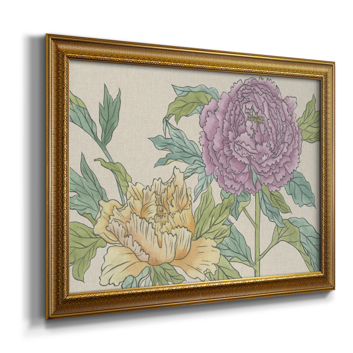 Contemporary peony flower illustration printed on canvas in an ornate traditional gold frame.