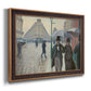 Impressionist urban street scene in the rain by Gustave Caillebotte printed on canvas in an ornate bronzed mahogany wood frame.
