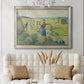Impressionist rural hay harvest landscape by Camille Pissarro in an ornate champagne frame displayed in a neutral-toned interior setting.