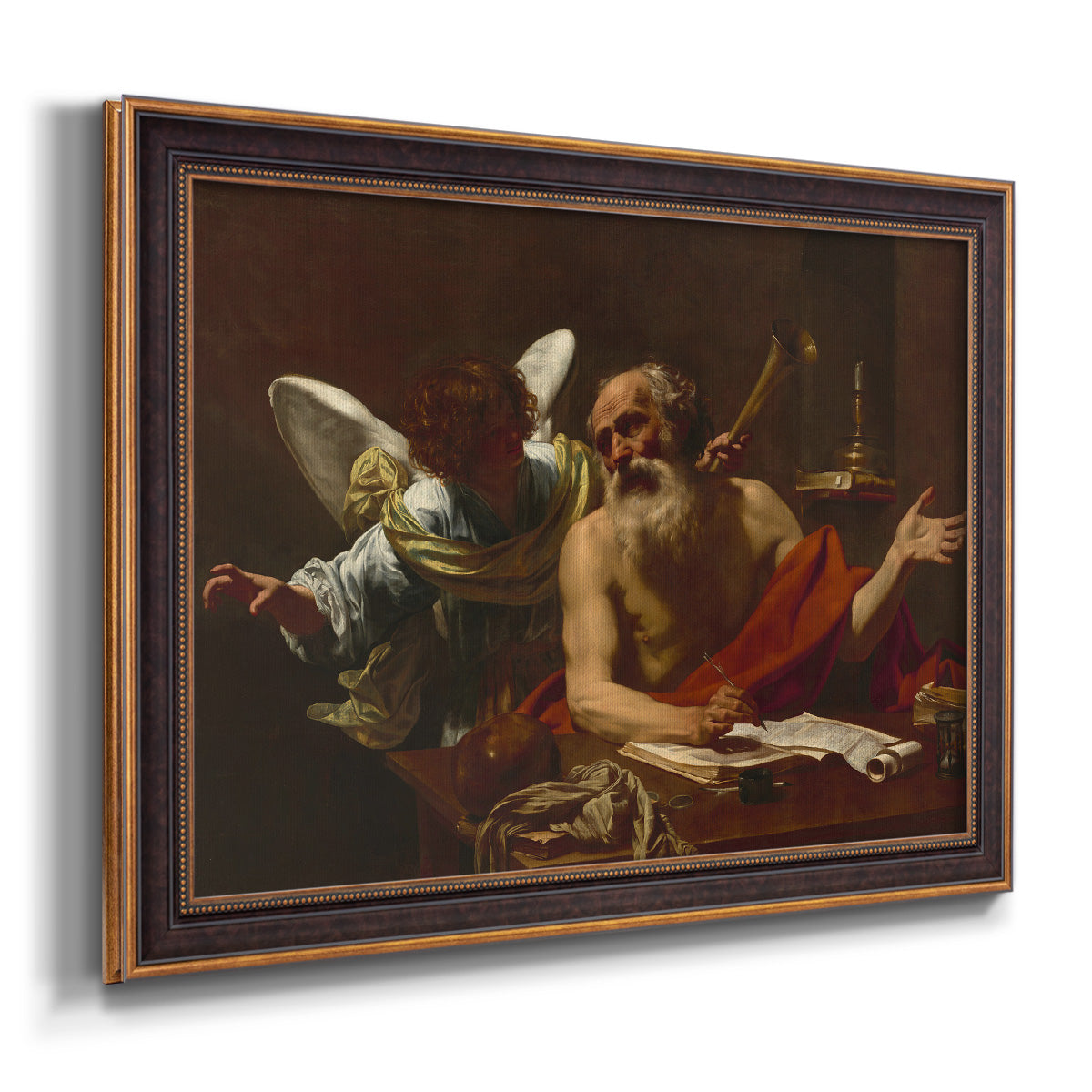 Classical religious painting of Saint Jerome with an angel by Simon Vouet printed on canvas in an ornate bronzed mahogany wood frame.