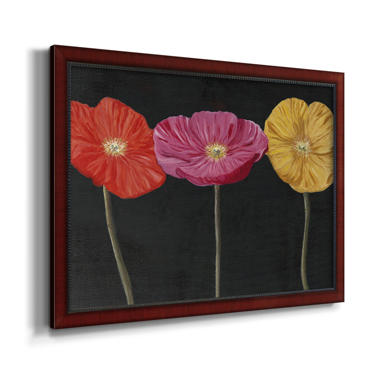 Contemporary poppy flower artwork printed on canvas in an ornate cherry burl wood frame.