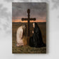 Canvas art print of a solemn figure standing near a cross in a dimly lit room with a soft shadow on a white background.