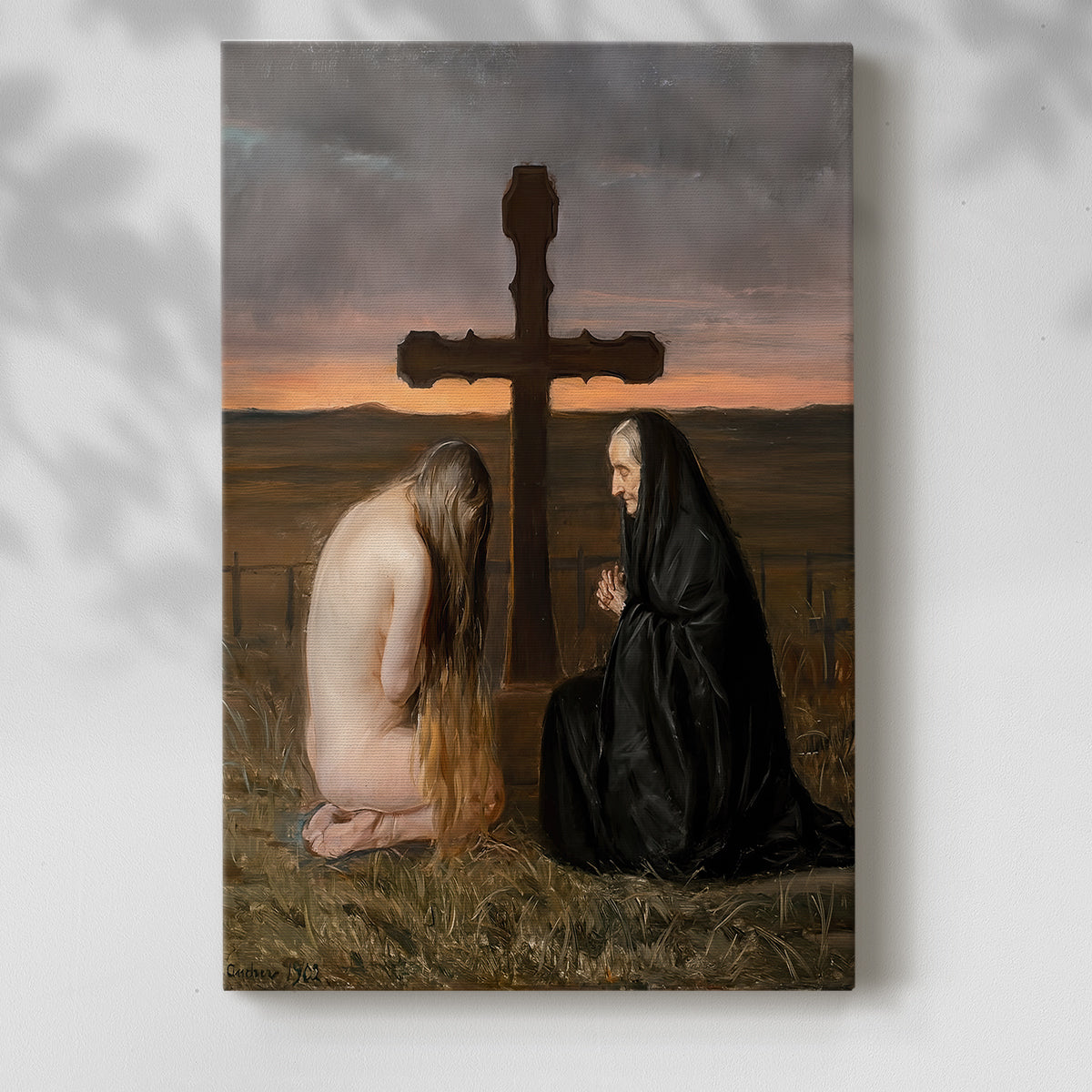 Canvas art print of a solemn figure standing near a cross in a dimly lit room with a soft shadow on a white background.