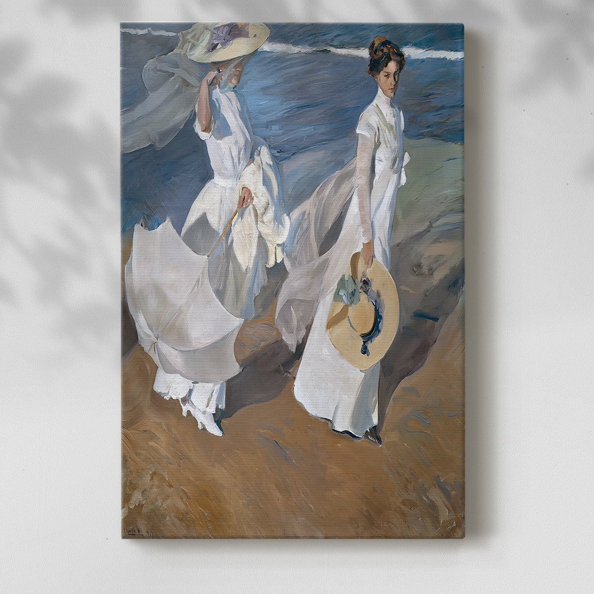Canvas art print of a coastal composition with flowing garments and ocean breeze with a soft shadow on a white background.