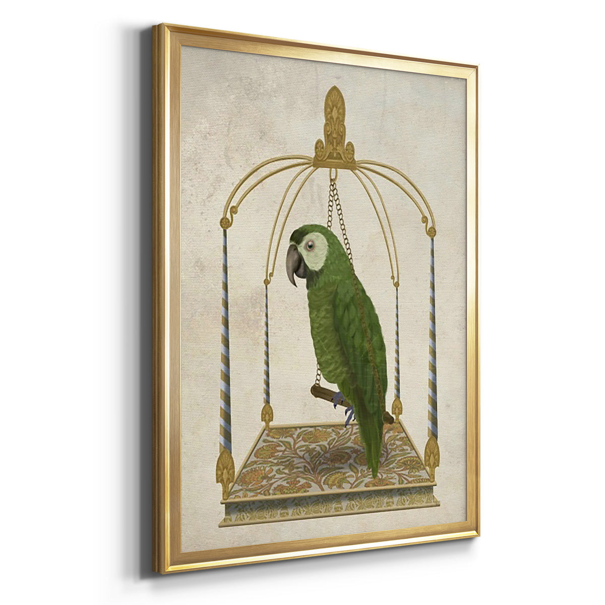 Green Parrot on Swing - Modern Framed Canvas Print