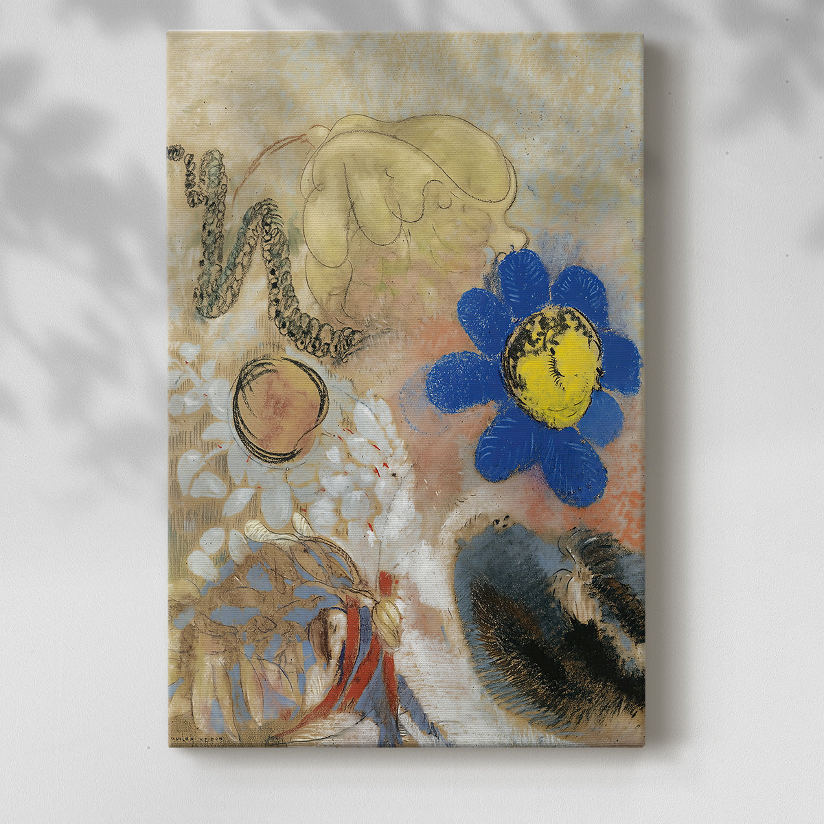 Canvas art print of a surreal arrangement with organic shapes and muted tones with a soft shadow on a white background.