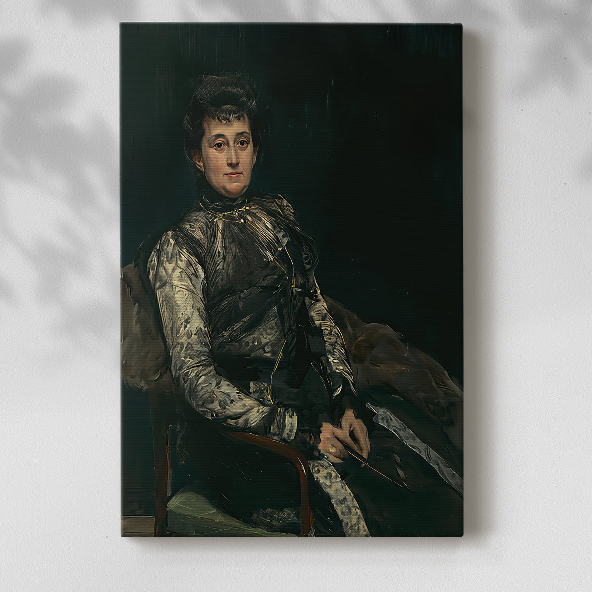 Canvas art print of a poised figure with detailed clothing and gentle tones with a soft shadow on a white background.