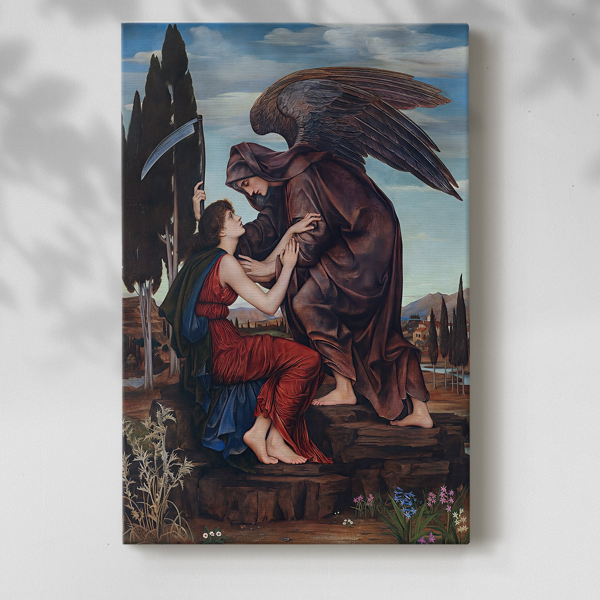 Canvas art print of a dark angelic form with strong contrast and flowing drapery with a soft shadow on a white background.