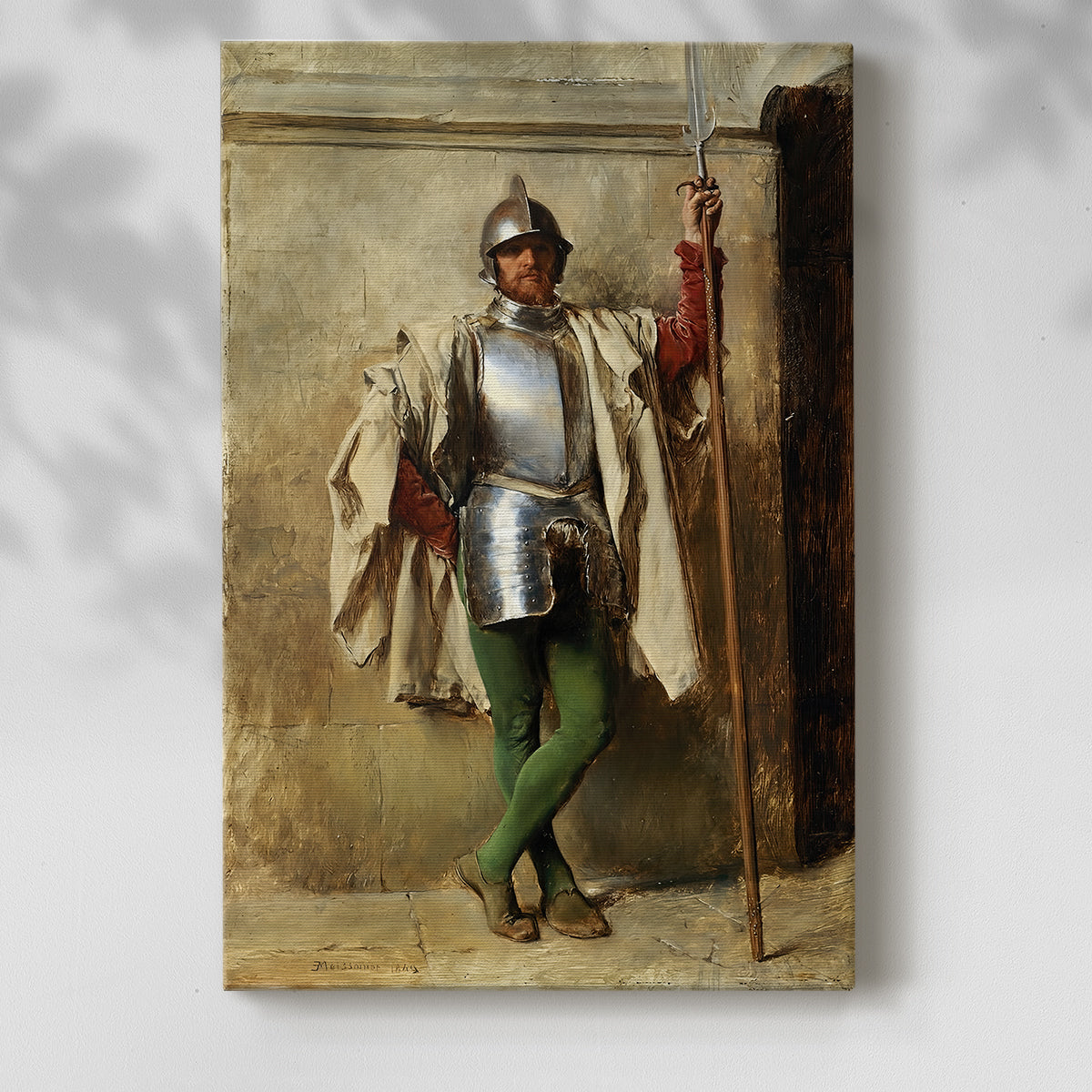 Canvas art print of a solitary figure in military attire with composed posture with a soft shadow on a white background.