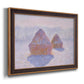 Impressionist winter haystack scene with sunlight by Claude Monet printed on canvas in an ornate bronzed mahogany wood frame.