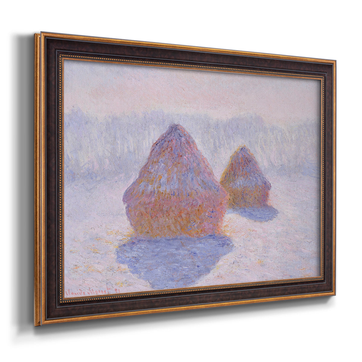 Impressionist winter haystack scene with sunlight by Claude Monet printed on canvas in an ornate bronzed mahogany wood frame.