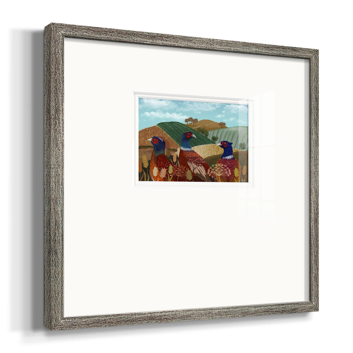 Pheasant Trio in Field Premium Framed Print Double Matboard