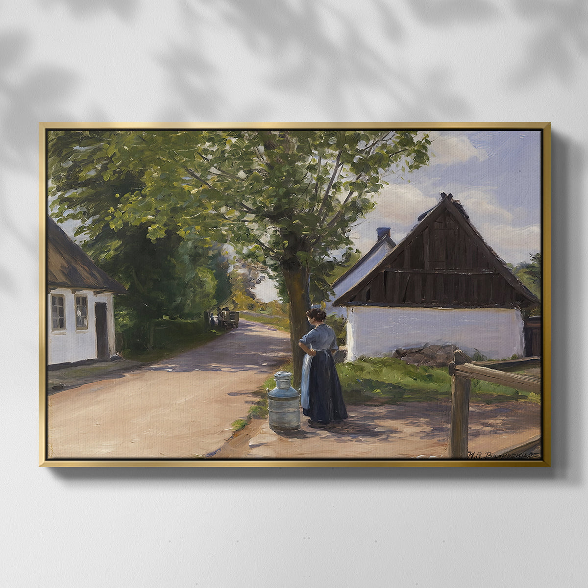 Danish Village Street with Woman and Milkman, 1880 - Floater Framed Canvas Print