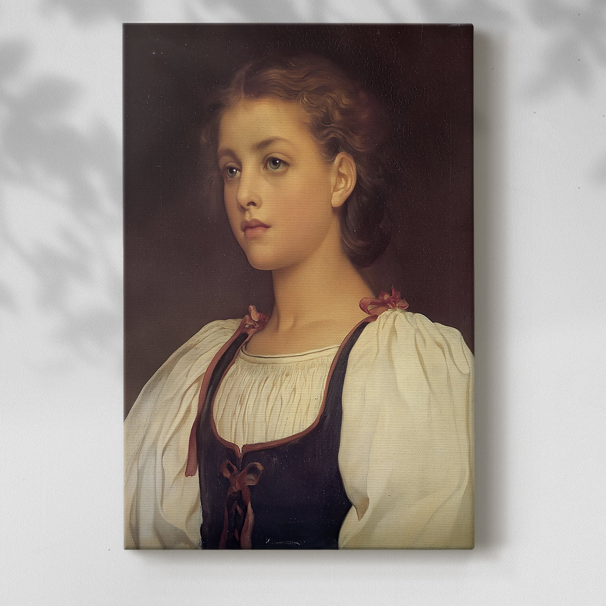 Canvas art print of a gentle female portrait with smooth shading and calm gaze with a soft shadow on a white background.