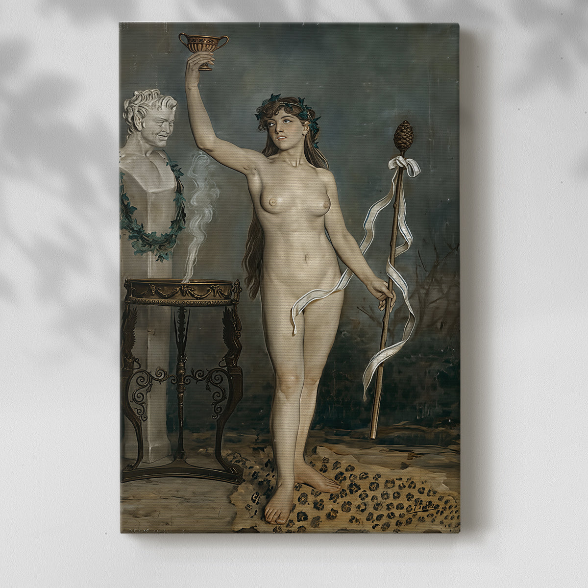 Canvas art print of a classical figure with soft light and natural tones with a soft shadow on a white background.
