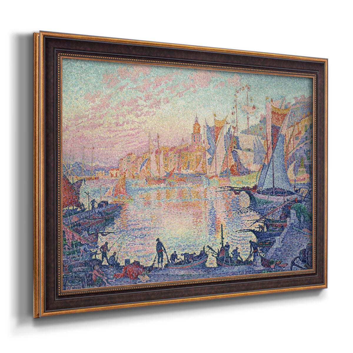 Impressionist Mediterranean harbor painting by Paul Signac printed on canvas in an ornate bronzed mahogany wood frame.