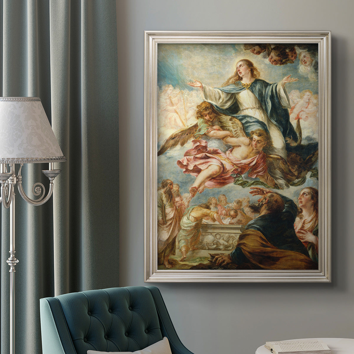 Religious painting of the Assumption of the Virgin Mary by Juan de Valdés Leal in an ornate champagne frame displayed in a neutral interior setting.