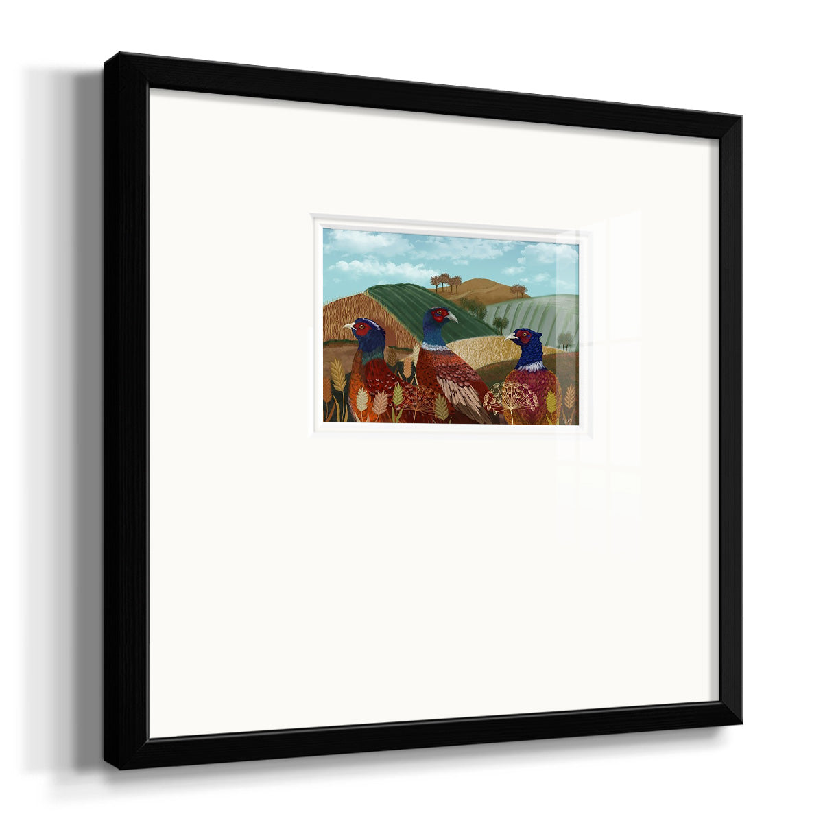 Pheasant Trio in Field Premium Framed Print Double Matboard