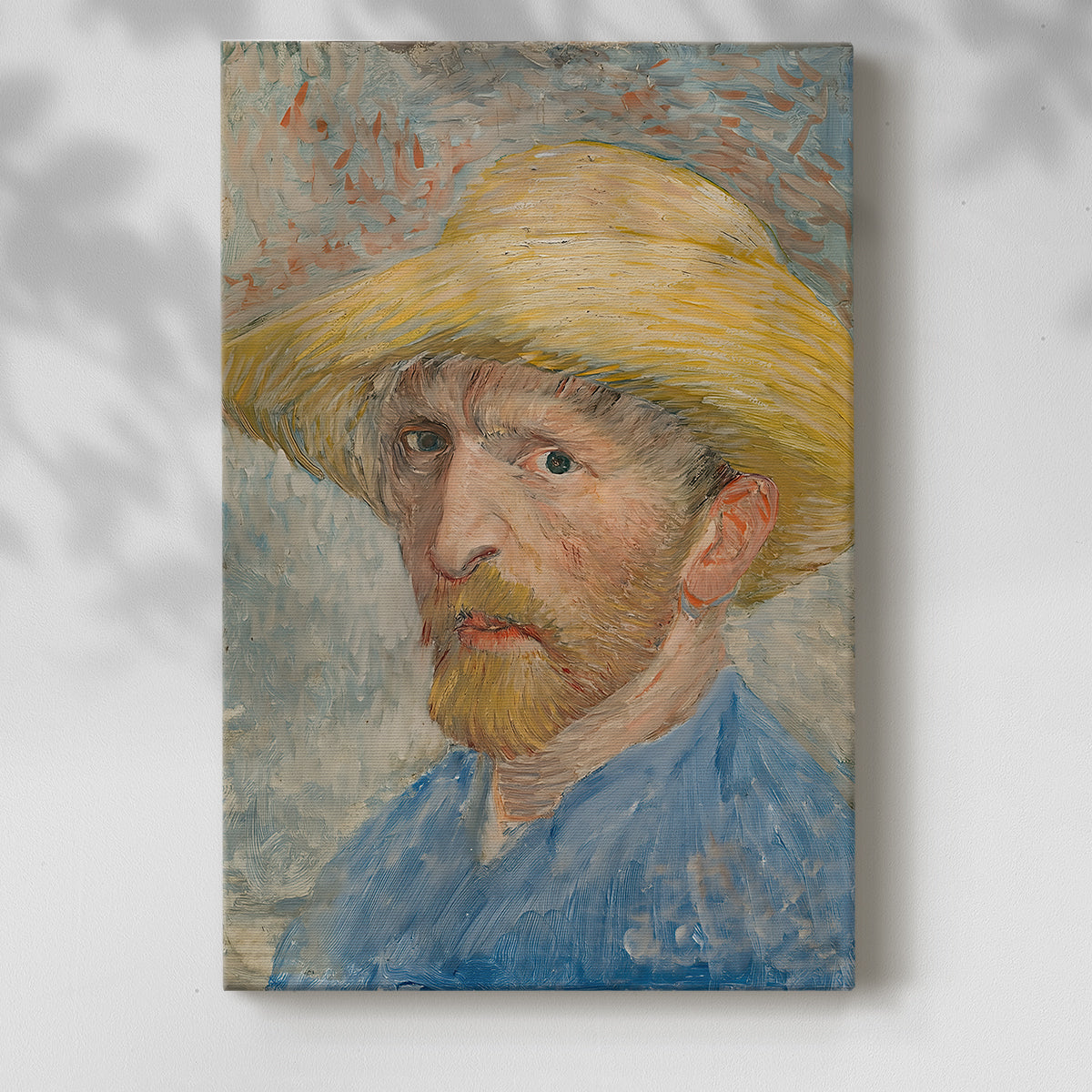 Canvas art print of a vivid figure with bold strokes and warm tones with a soft shadow on a white background.