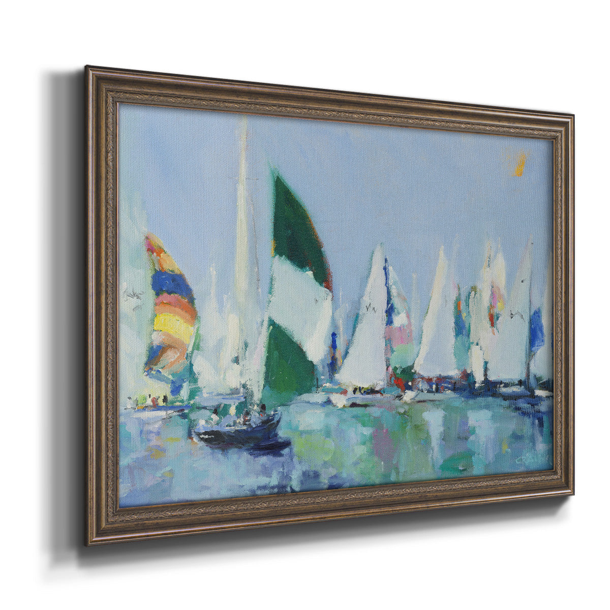 Coastal harbor watercolor painting printed on canvas in an ornate traditional bronze frame.
