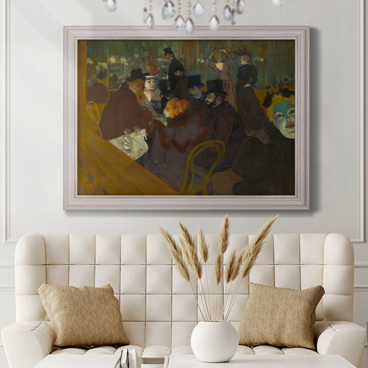 Impressionist cabaret interior scene by Henri de Toulouse-Lautrec in an ornate weathered white frame displayed in a neutral-toned interior setting.