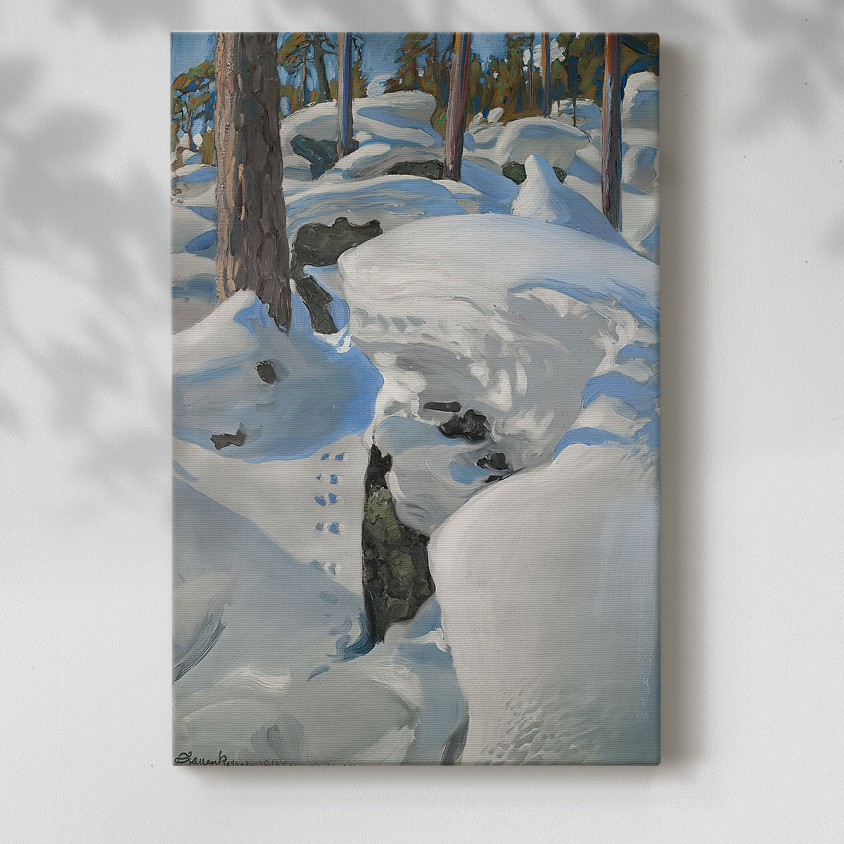 Canvas art print of a quiet winter landscape with footprints winding through a snow-covered forest with a soft shadow on a white background.