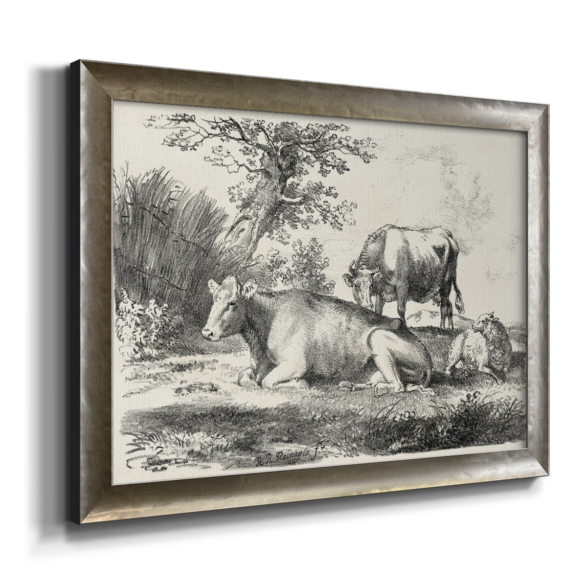 Classical pastoral landscape artwork by Nicolas Berchem printed on canvas in an ornate mottled silver frame.
