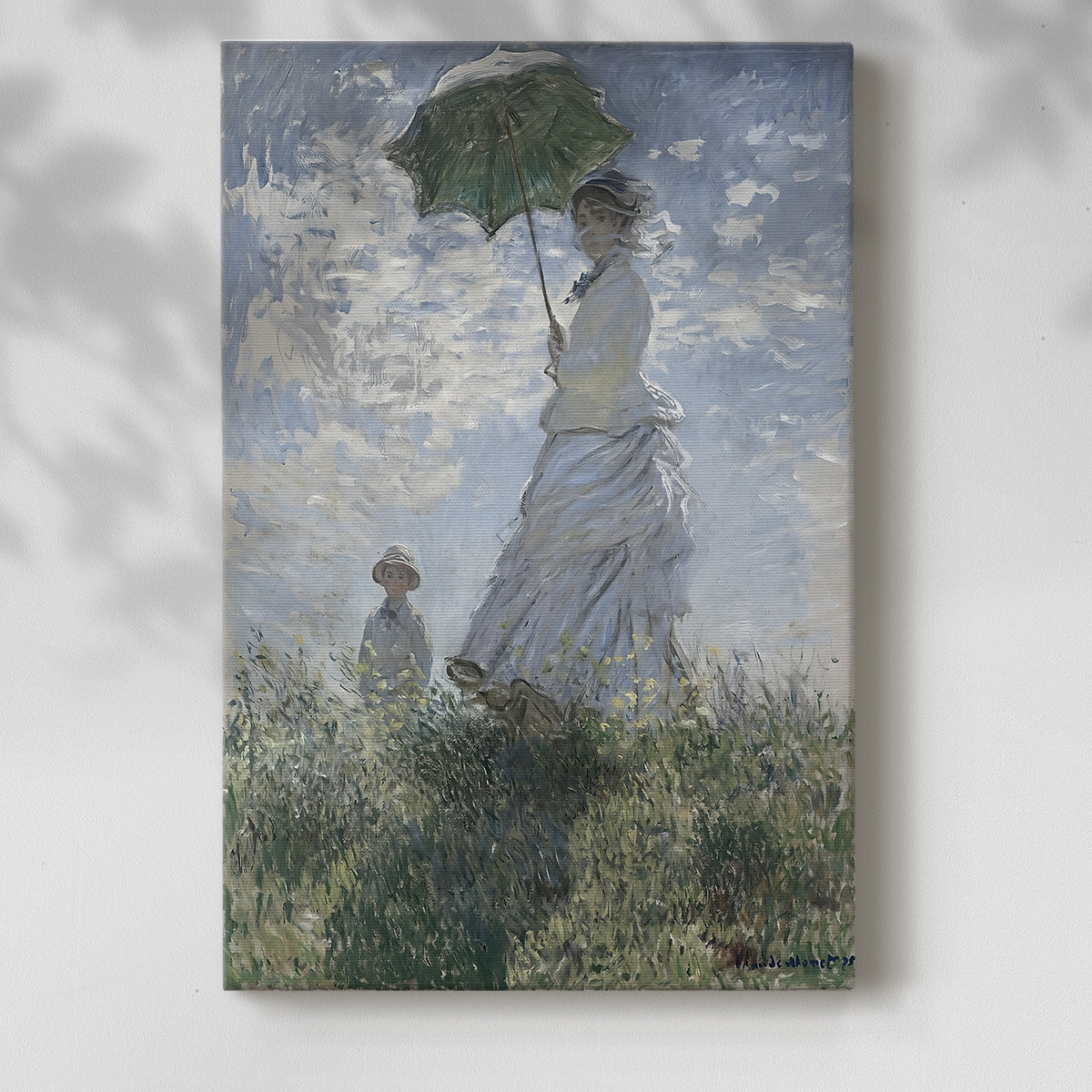 Canvas art print of a figure holding a parasol against a bright sky and soft grass with a soft shadow on a white background.